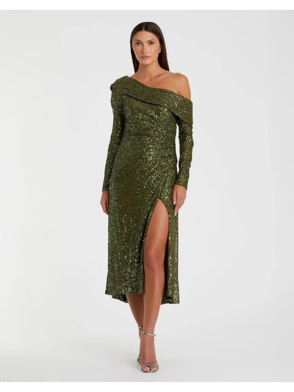 Ieena for Mac Duggal 26551 One Shoulder Sequin Long Sleeve Midi Dress Size 0 NWT
